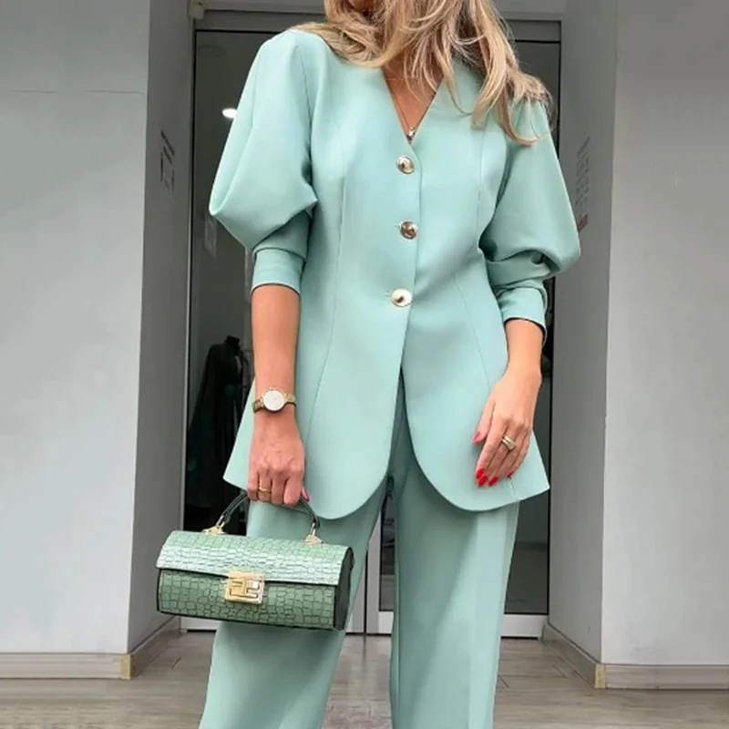 Women's fashion solid color lantern sleeve loose suit temperament commuting suit_autovado.com