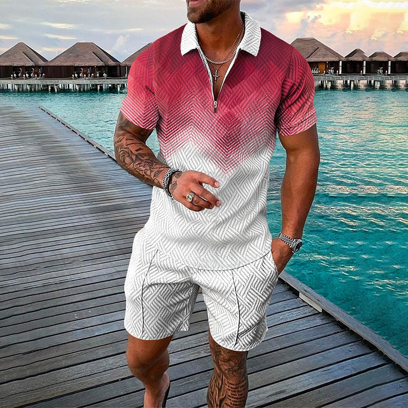 Men's Clothing fashion casual suit 3D printed zipper short sleeve polo shirt shorts 2-piece set_autovado.com