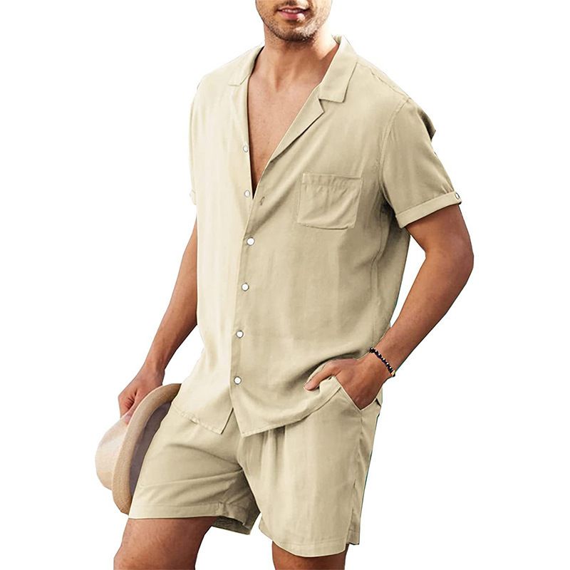 Men's Clothing Linen Short Sleeve Shirt Set Linen Summer Loose Casual Cotton Linen Cardigan Shirt Shorts_autovado.com