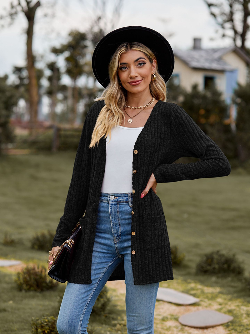 New women's clothing women's brushed pit strip solid color long-sleeved women's cardigan jacket_autovado.com