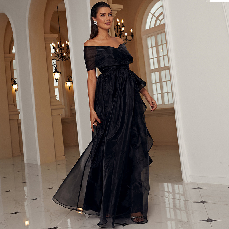 Women's Clothing Adult Black One-word Collar Low-cut Mesh Stitching Pprincess Temperament High-end Evening Dress_autovado.com