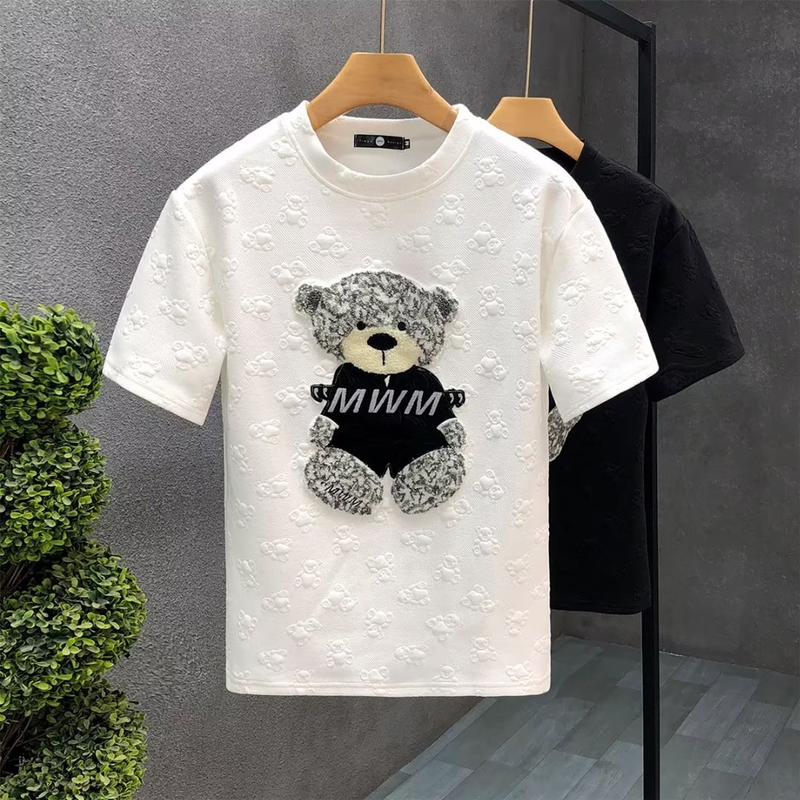 Men's clothing Bear embroidered short-sleeved T-shirt for young men handsome round neck T-shirt summer new men's cartoon_autovado.com