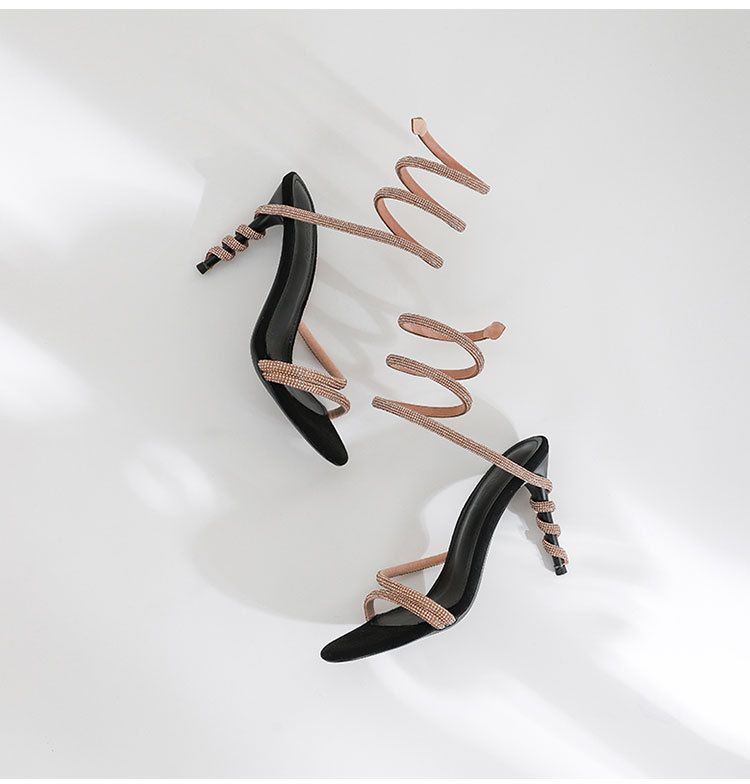 Women's fashion black gold open-toed serpentine loop sandals with fine heels and high heels_autovado.com
