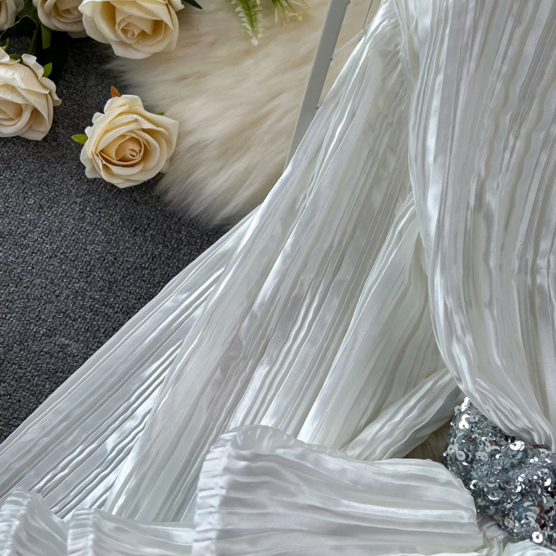 Women's fashion set female socialite temperament lantern long sleeve V-neck lotus leaf bright face shirt women's high waist sequin skirt_autovado.com