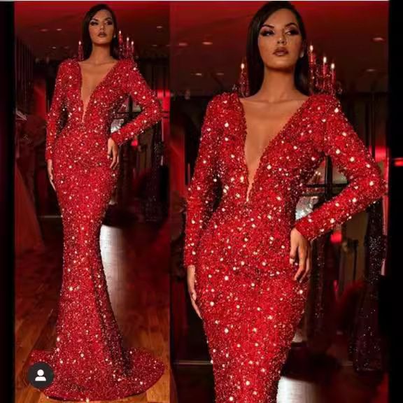 Women's Clothing Women's Dress Fishtail Edge Red Sparkling Long Sleeve V-neck Dress Long Skirt_autovado.com