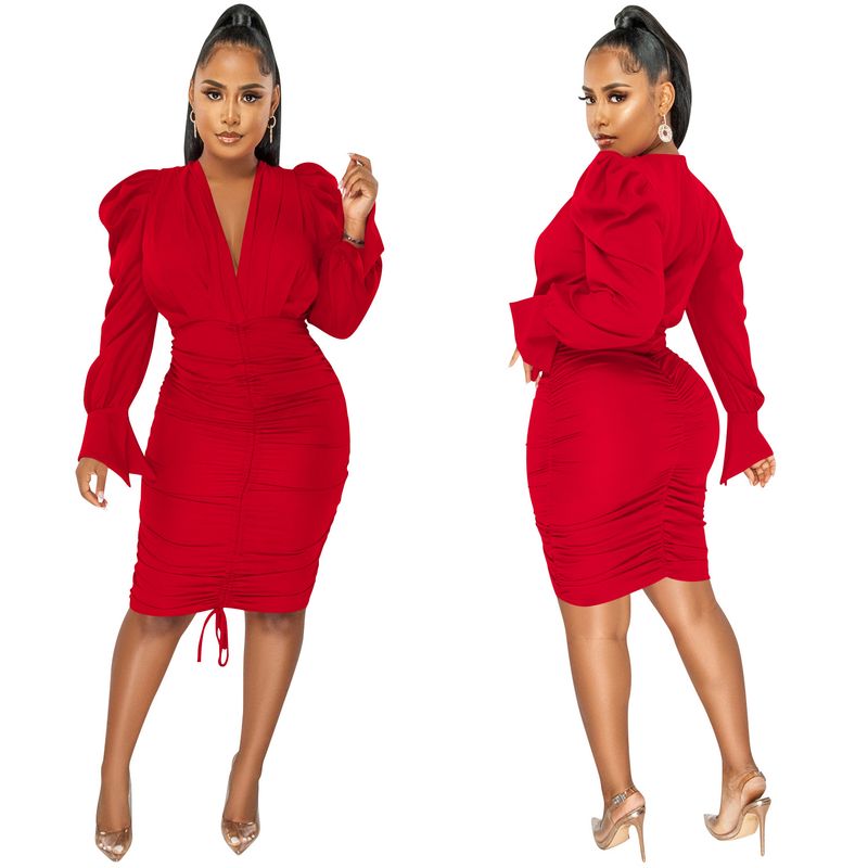 Women's Clothing fashion casual solid color long-sleeved pleated V-neck dress for women_autovado.com