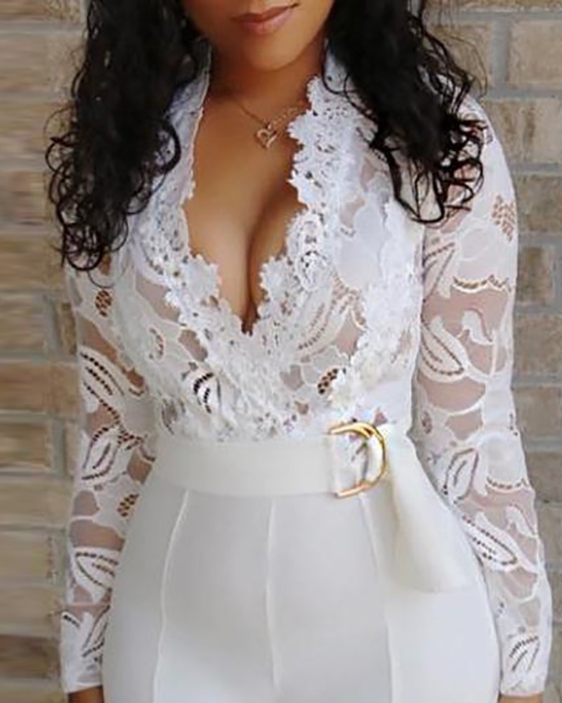 Women's sexy deep v white see-through lace splicing jumpsuit _autovado.com