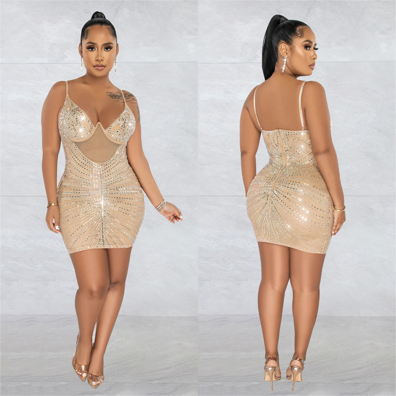 Women's hot diamond mesh suspender sleeveless short skirt dress_autovado.com