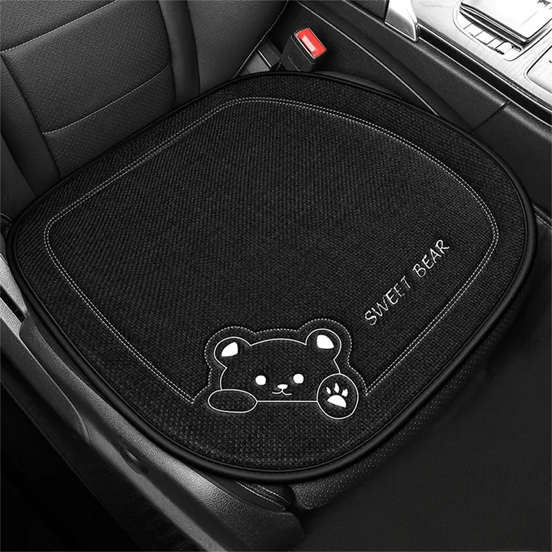 Fashion Linen Cartoon Bear Women's Cute Anti-slip Breathable Car Seat Protect Cushion Cover Universal_autovado.com