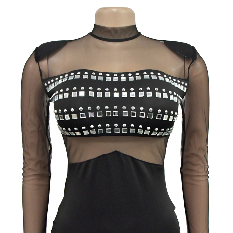 Women's solid color mesh rhinestone long-sleeved long skirt dress_autovado.com