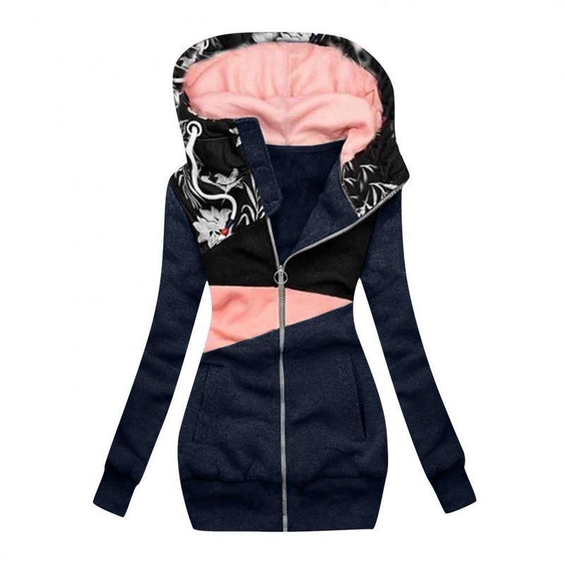 Women's Clothing women's sweatshirt zipper color matching print hooded long sleeved jacket_autovado.com