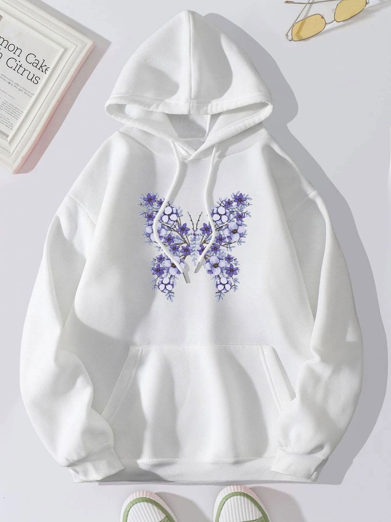Women's Hoodie Long Sleeve Hoodies & Sweatshirts Printing Pocket Casual Flower Butterfly_autovado.com