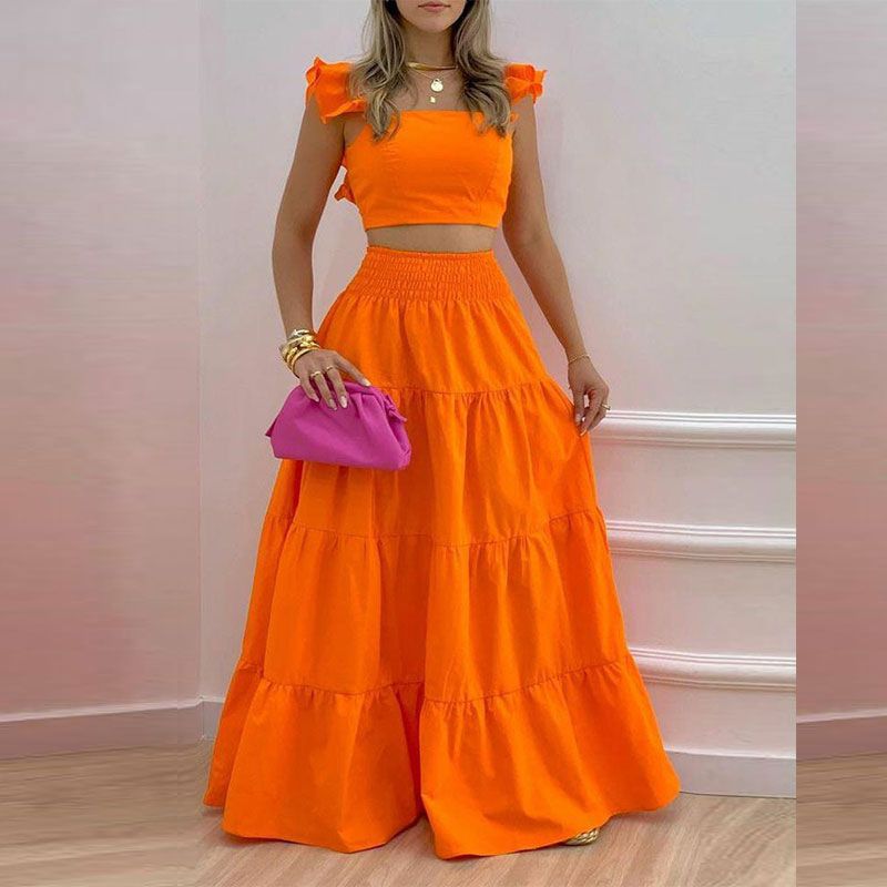 Women's Solid Color Mid-Waist Two Piece Set Sexy Strap Trendy Dress Spring/Summer Casual Ankle-Length Straight Skirt_autovado.com