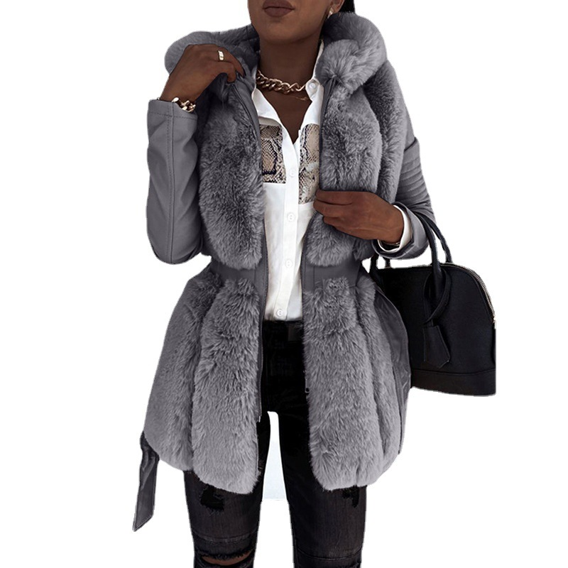 Women's fur coat Women's belted hooded solid color zipper jacket_autovado.com