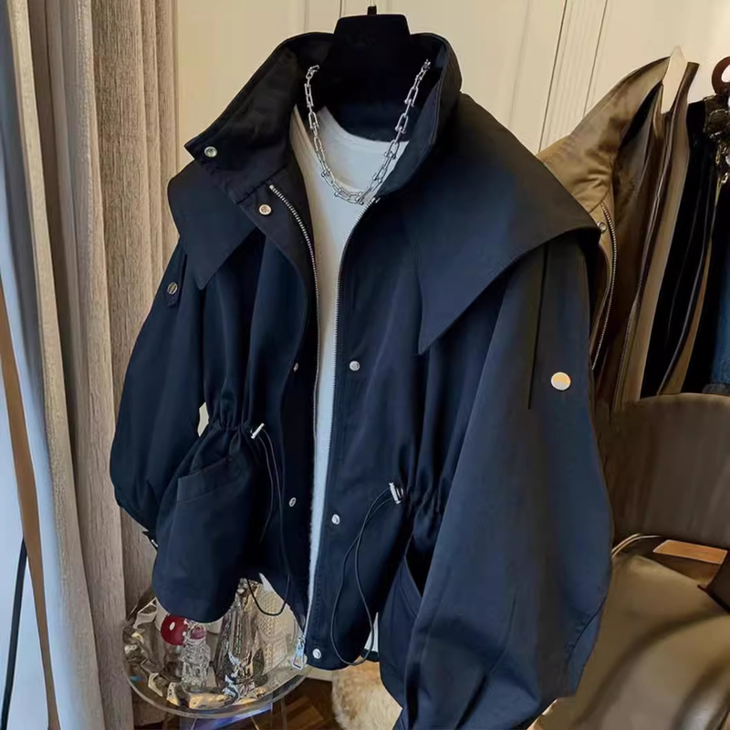 Women's casual drawstring waist tooling trench coat coat female spring and autumn short_autovado.com