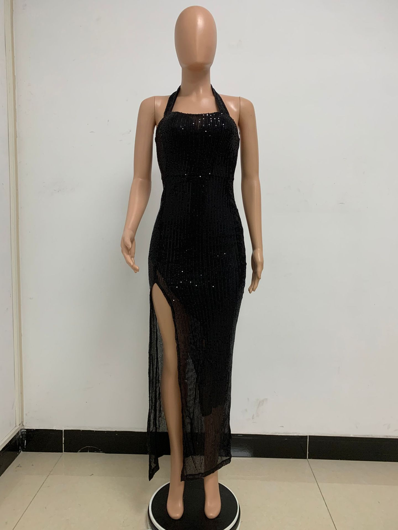 Women's slit sleeveless hot girl dress female halter neck backless sequin dress skirt_autovado.com