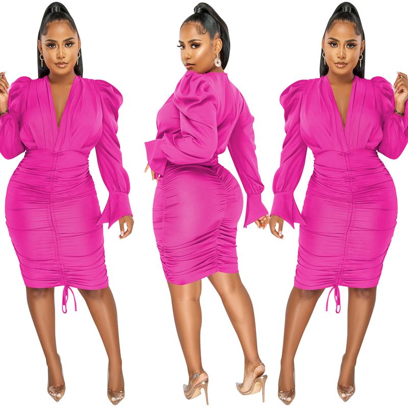 Women's Clothing fashion casual solid color long-sleeved pleated V-neck dress for women_autovado.com