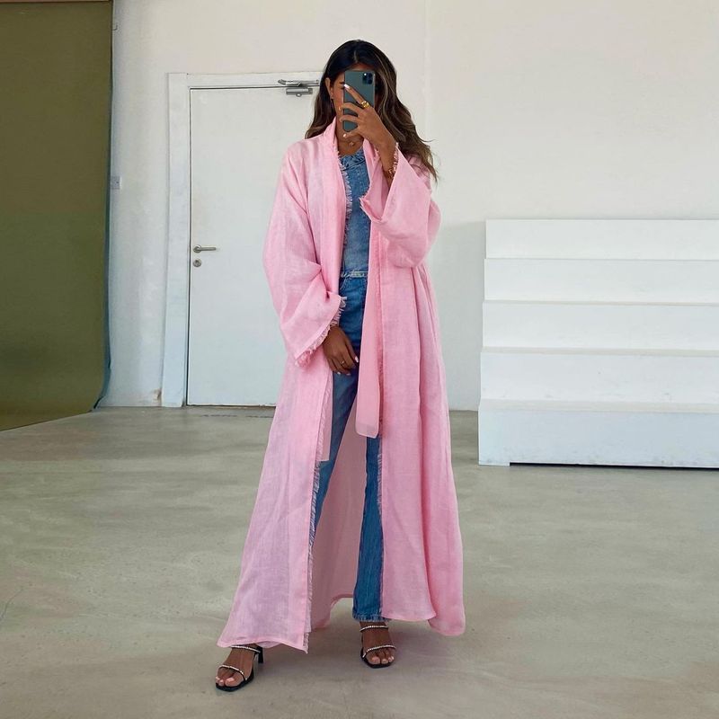 Women's Clothing Middle Eastern solid color modest long skirt modern fashion cotton and linen cardigan outer cloak Muslim abaya_autovado.com