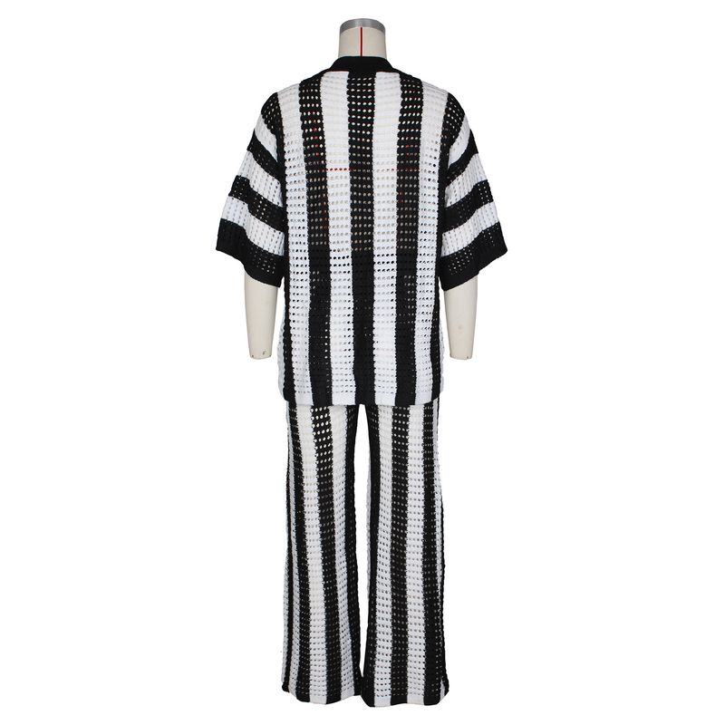 Women's Clothing sexy ladies V-neck hollow striped lapel knitted wide pants suit_autovado.com
