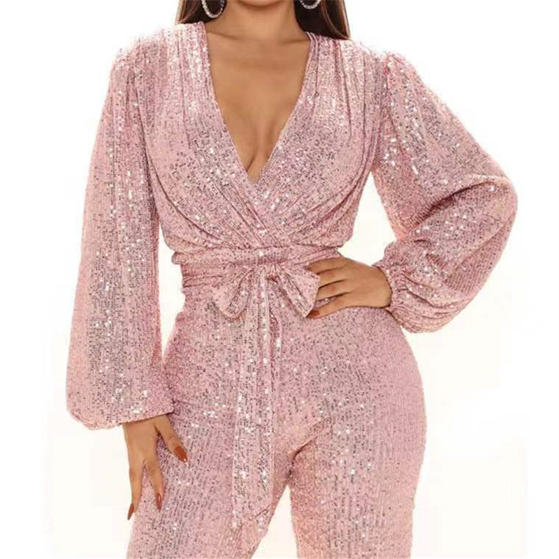 Women's sequined jumpsuits, sexy V-neck wide-leg trousers_autovado.com