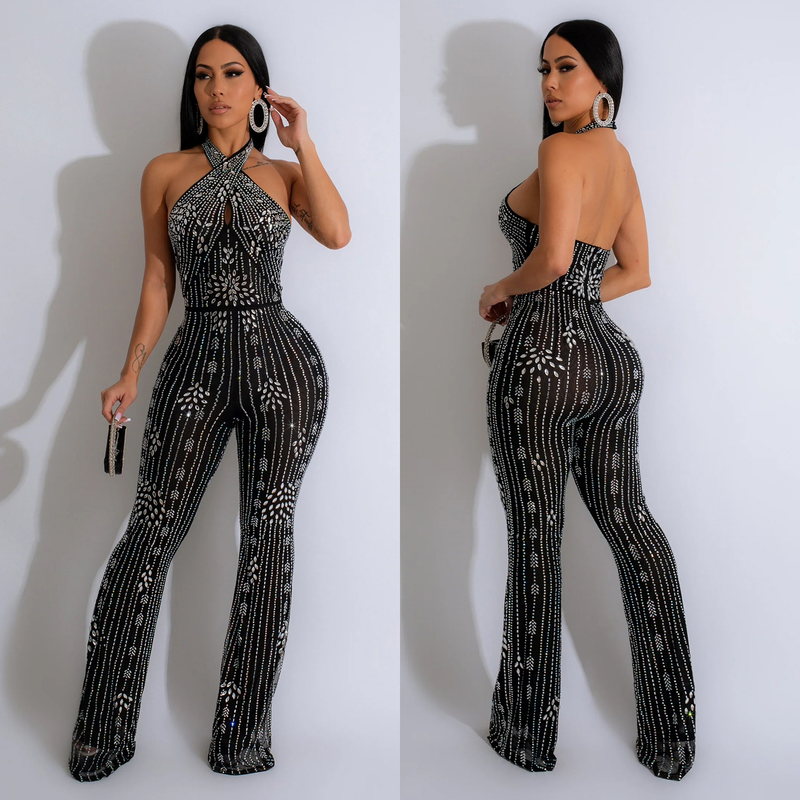Women's solid color hot diamond sleeveless halterneck trousers jumpsuit_autovado.com