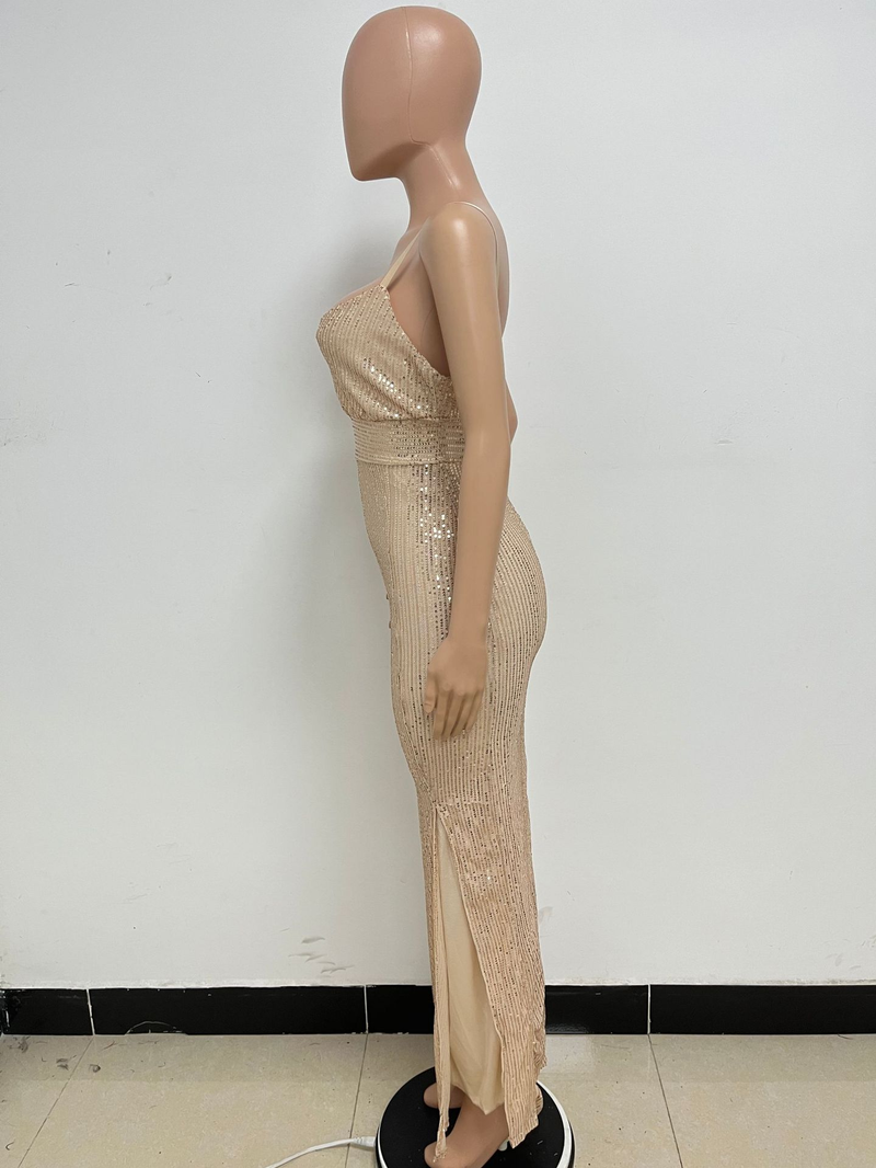 Women's summer slit backless hot girl dress sequined sleeveless suspender skirt women_autovado.com