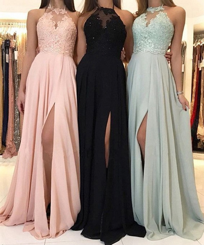 2020 new autumn style hot style halter neck lace chiffon dress prom evening dress slit long skirt_autovado.com