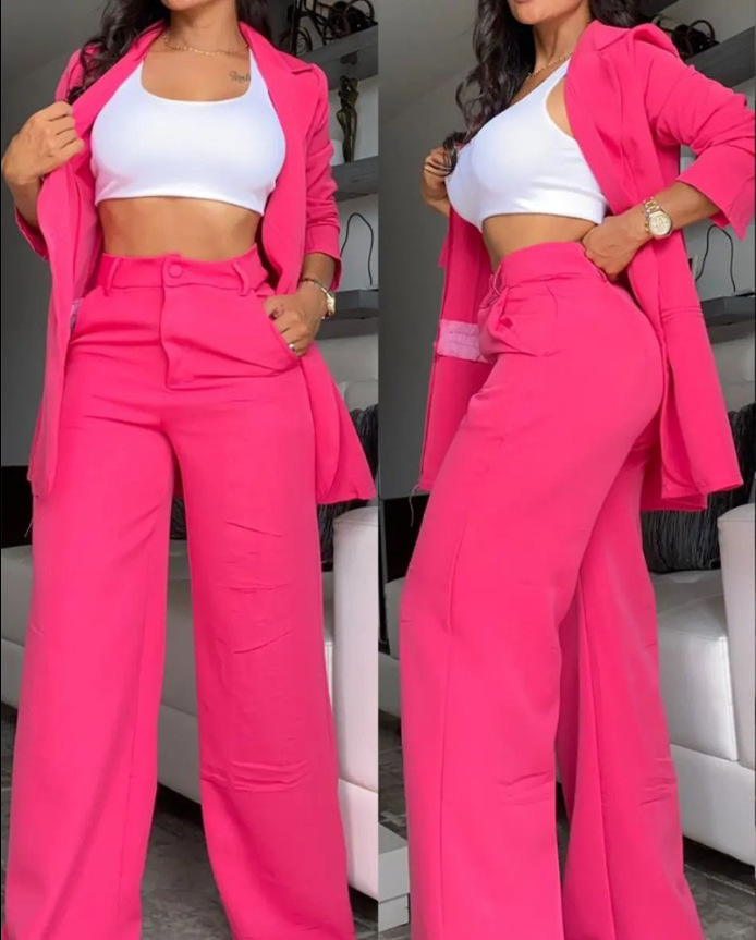 women's Clothing, Elegant And Solid Color Split Sleeve Lapel Suit With Pockets And Straight Pants Suit_autovado.com
