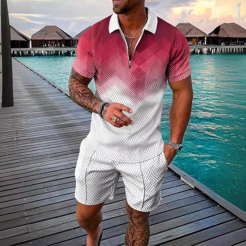 Men's Fashion Casual Suit 3D Printed Zipper Short Sleeve Polo Shirt Shorts 2-Piece Set_autovado.com