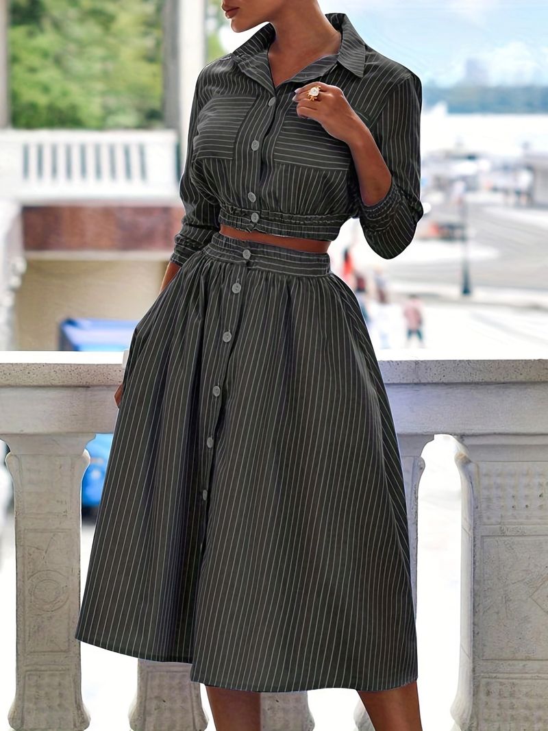 Women's Clothing Fashion Style Long Sleeve Striped Shirt Set Skirt Two Piece Set_autovado.com