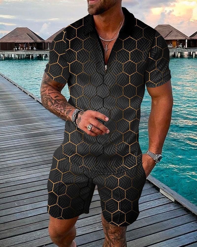 Men's Fashion Casual Suit 3D Printed Zipper Short Sleeve Polo Shirt Shorts 2-Piece Set_autovado.com