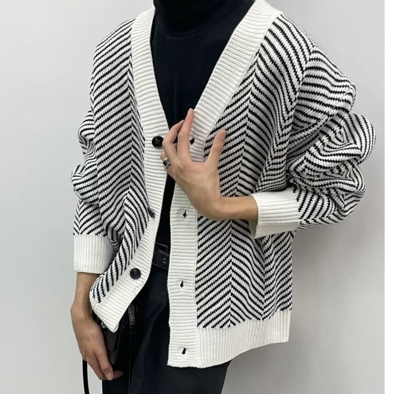 Men's Clothing New retro vintage striped sweater men's outer wear loose style ins lazy style knitted cardigan jacket_autovado.com