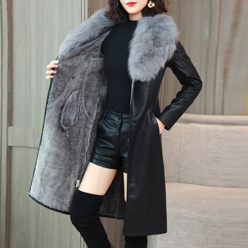 Women's large fur collar winter fur coat women plus fleece thickened medium long_autovado.com