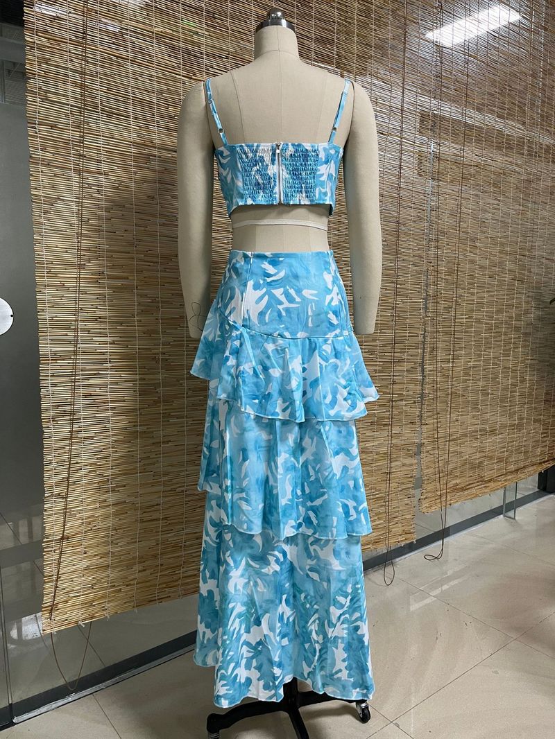 Women's clothing new suspender chest wrap printed sleeves backless tops slit two piece set_autovado.com