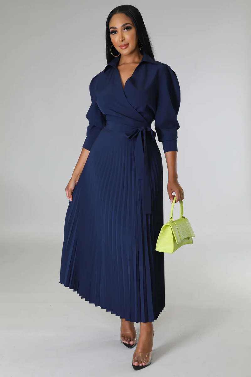 Long sleeved Polo collar high waist fashion casual pleated women's dress_autovado.com