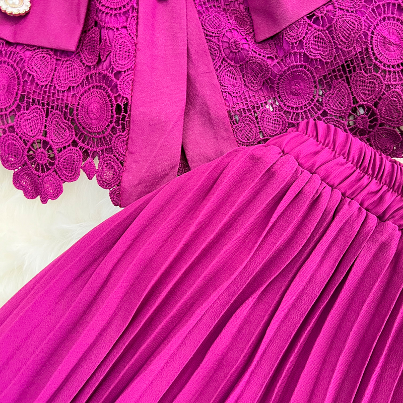 Women's fashion single breasted lace shirt two-piece set high waist a line pleated skirt_autovado.com