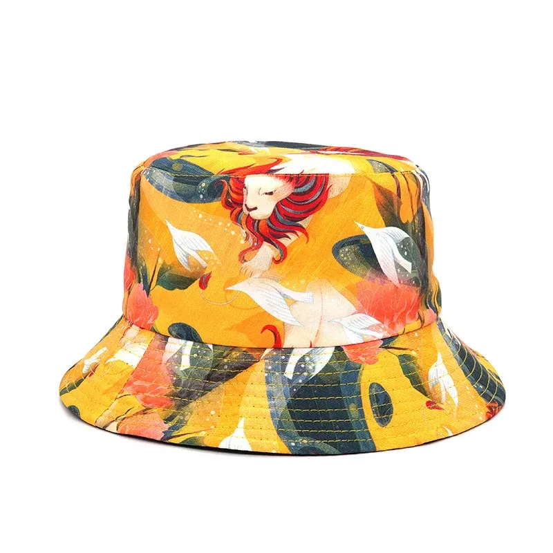 Hot Sale Summer Fisherman Print Reversible Cartoon Hats Women Men Street Hip Hop Bucket Cap Vintage Fishing Hat_autovado.com