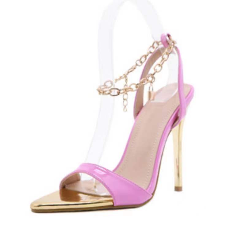 Large size new women's shoes candy color pointy stiletto fashion sandals metal chain_autovado.com