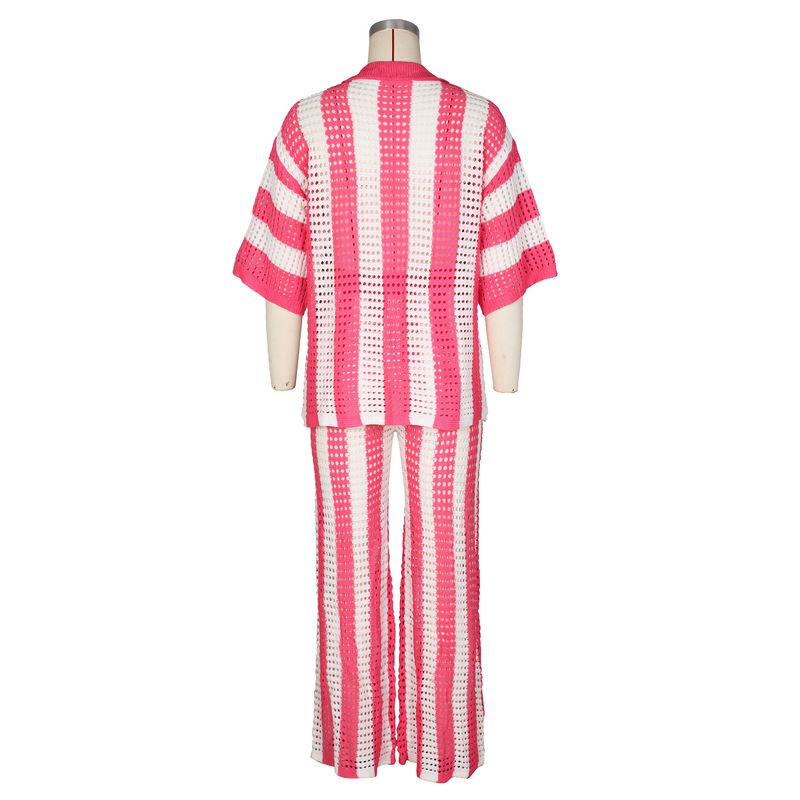 Women's Clothing sexy ladies V-neck hollow striped lapel knitted wide pants suit_autovado.com