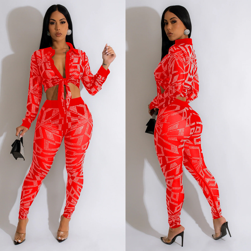 Women's Clothing fashion women's solid color mesh hot diamond long-sleeved trousers two-piece set_autovado.com