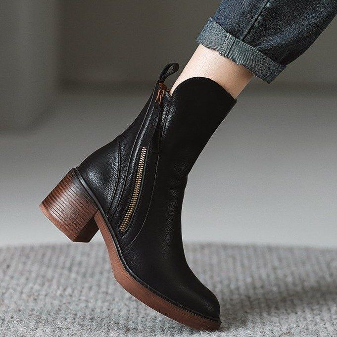 Vintage wind tube side zipper Martin boots new chunky heel fashion trend women's boots_autovado.com