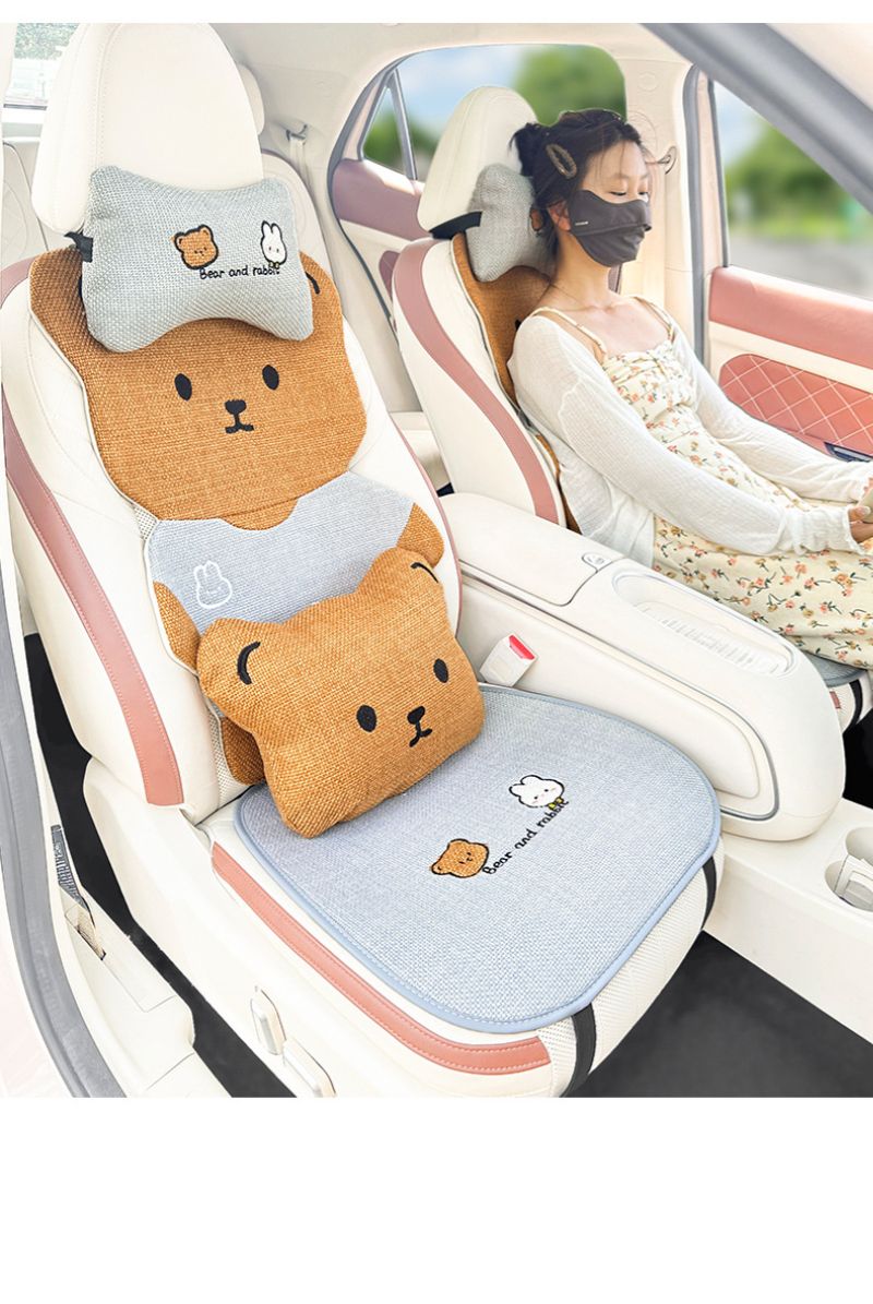 Car Cover, Cushion 2025 New Cute Little Bear Linen Car Interior Five Piece Set, All Season Universal Seat Cove_autovado.com