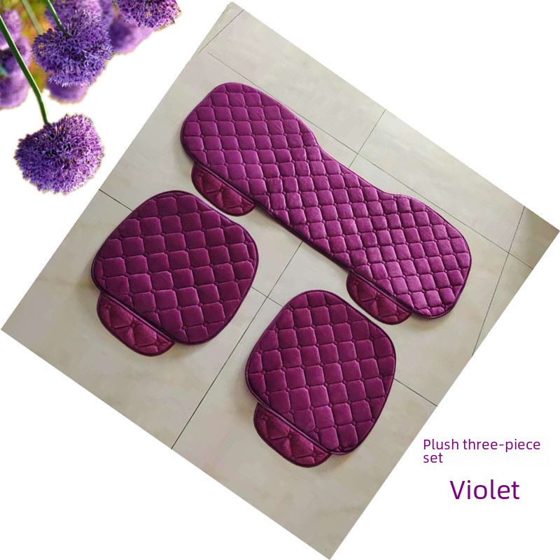 Winter car seat cushion no backrest square embroidered plush tie-free warm three-piece front and rear row single seat cushion_autovado.com