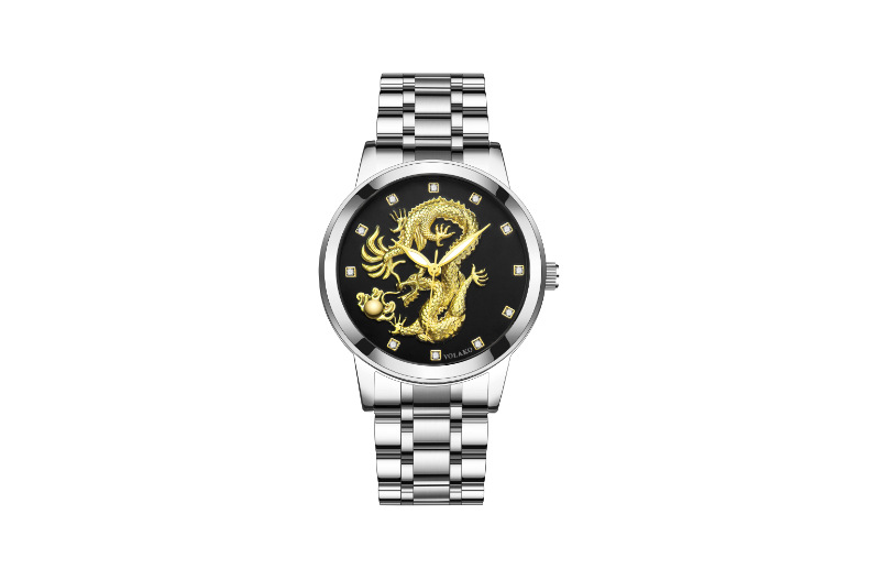 Men's Quartz Watch Men's Watch Diamond Yellow Gold Luminous Waterproof Steel Belt Relief Dragon Totem Watch_autovado.com