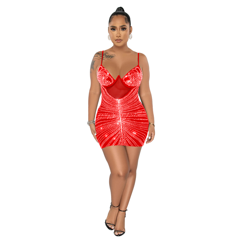 Women's hot diamond mesh suspender sleeveless short skirt dress_autovado.com