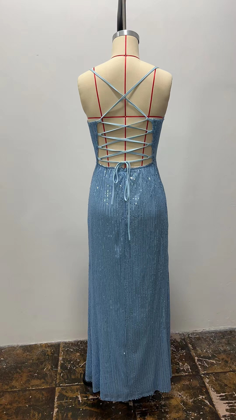 European and American party nightclub evening dress oblique shoulder slit sky blue sequined dress_autovado.com