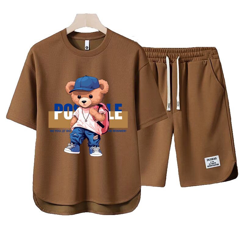 Men's Clothing 2024 Waffle Casual Summer Suit Men's Loose Teen Short sleeved T shirt Shorts Handsome Two piece Suit_autovado.com