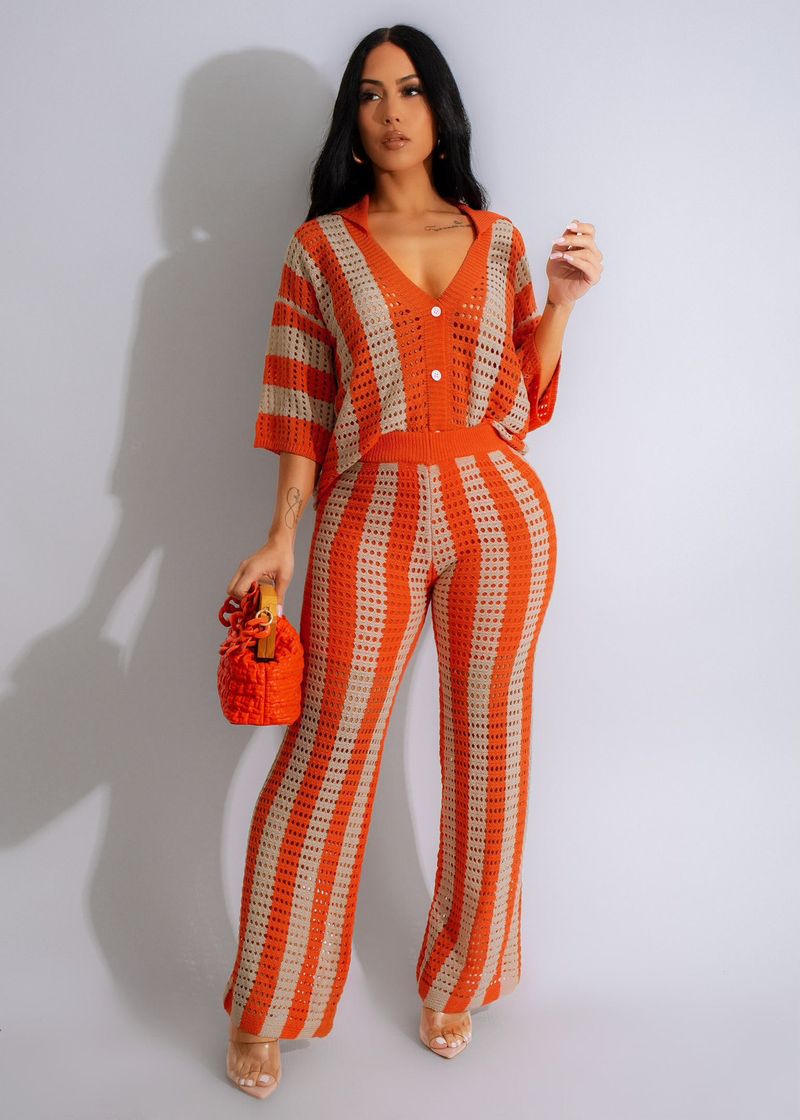 Women's Clothing sexy ladies V-neck hollow striped lapel knitted wide pants suit_autovado.com