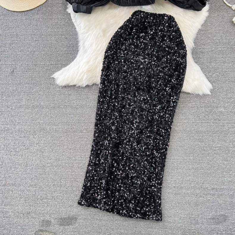 Women's fashion set female socialite temperament lantern long sleeve V-neck lotus leaf bright face shirt women's high waist sequin skirt_autovado.com
