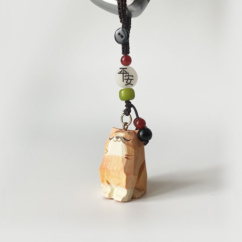 Hand Carved Wood Carved Orange Cat Shiba Inu Mi Ping An Six Character Mantra Woven Keychain Chain Ring Car Schoolbag Pendant Ornament_autovado.com